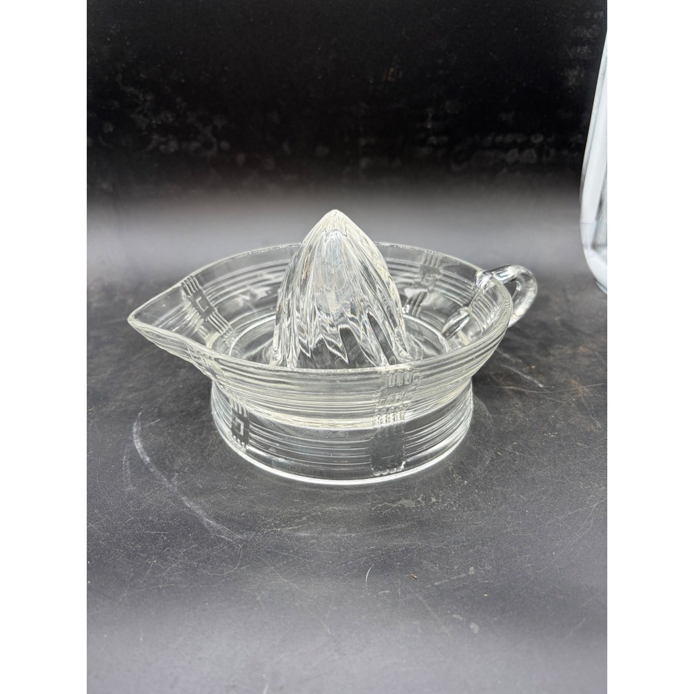 Vintage Clear Pressed Glass Citrus Juicer Reamer Art Deco Geometric Pattern